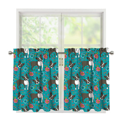 Cartoon Boston Terrier Flower Print Tier Curtains