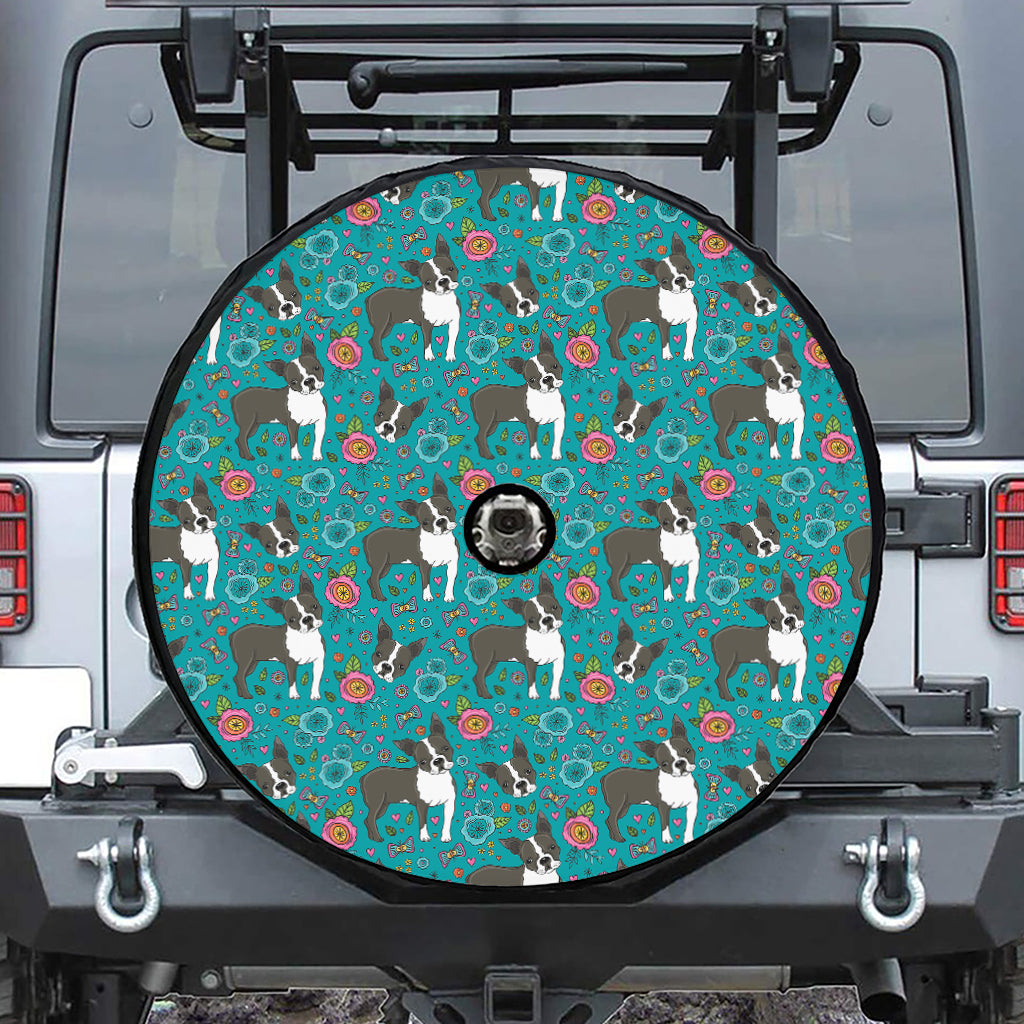 Cartoon Boston Terrier Flower Print Tire Cover With Camera Hole