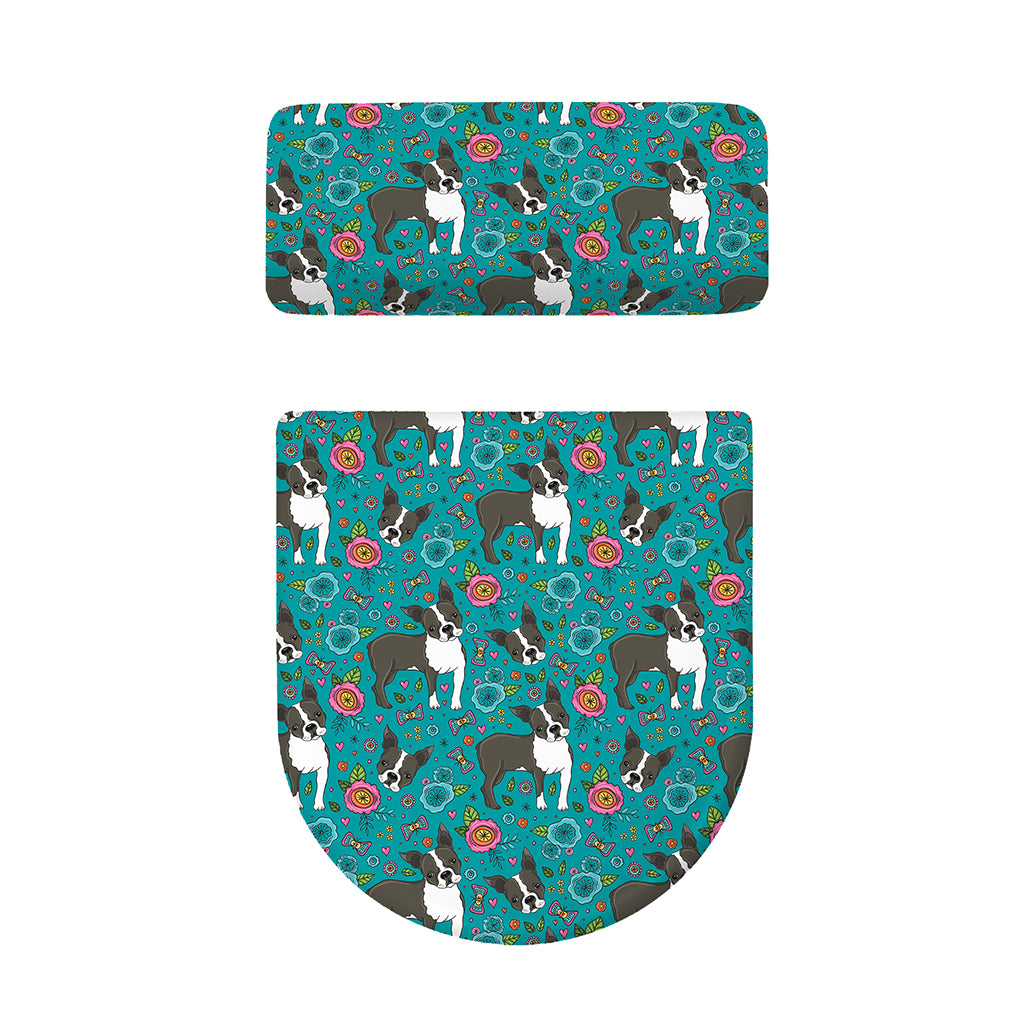 Cartoon Boston Terrier Flower Print Toilet Lid And Tank Cover Set