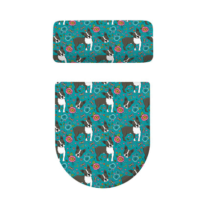 Cartoon Boston Terrier Flower Print Toilet Lid And Tank Cover Set