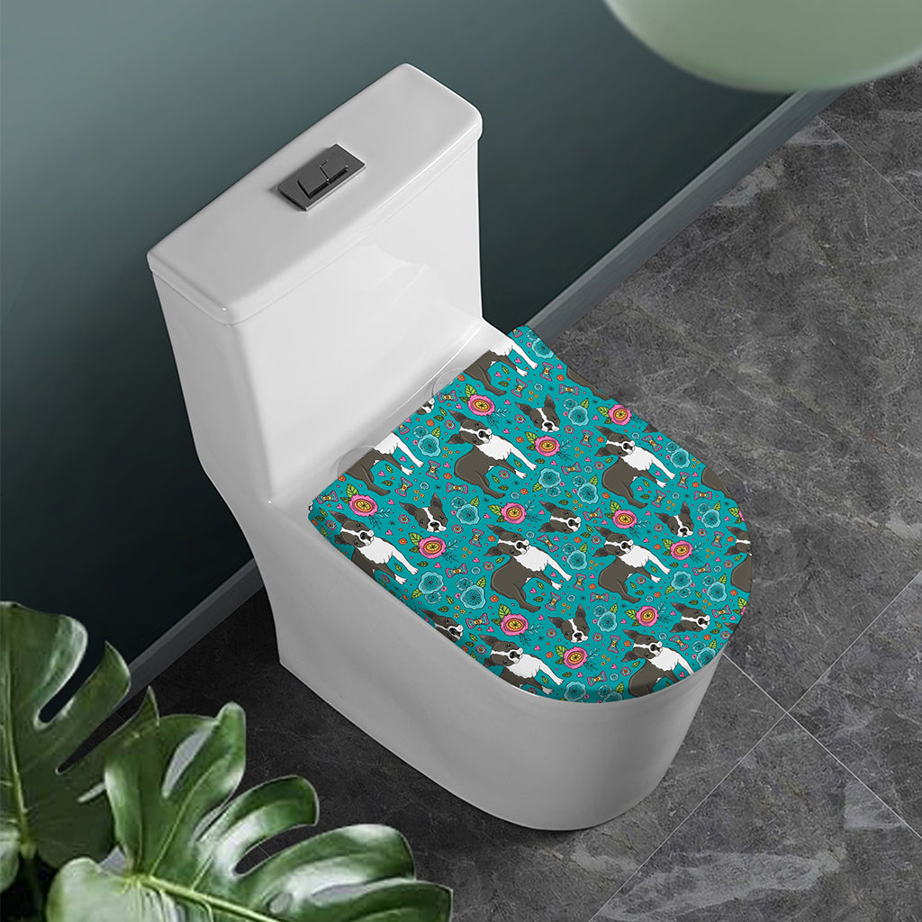 Cartoon Boston Terrier Flower Print Toilet Lid Cover