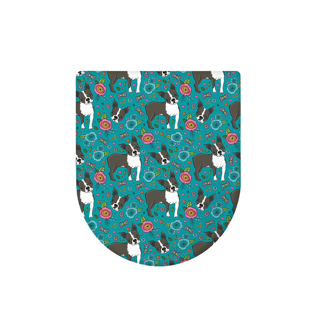 Cartoon Boston Terrier Flower Print Toilet Lid Cover