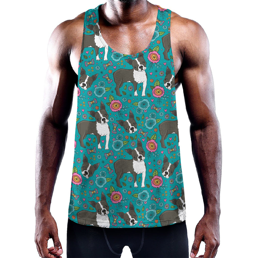 Cartoon Boston Terrier Flower Print Training Tank Top