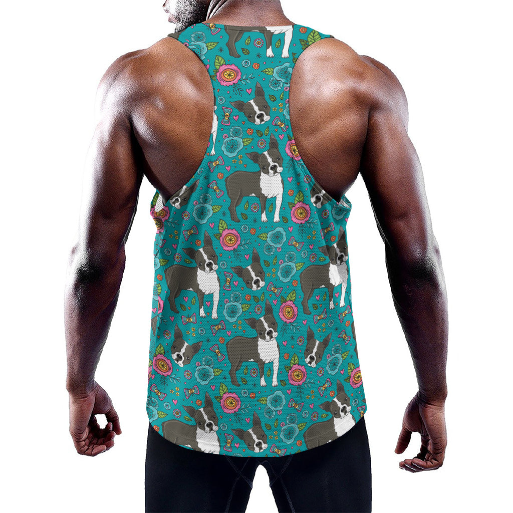 Cartoon Boston Terrier Flower Print Training Tank Top