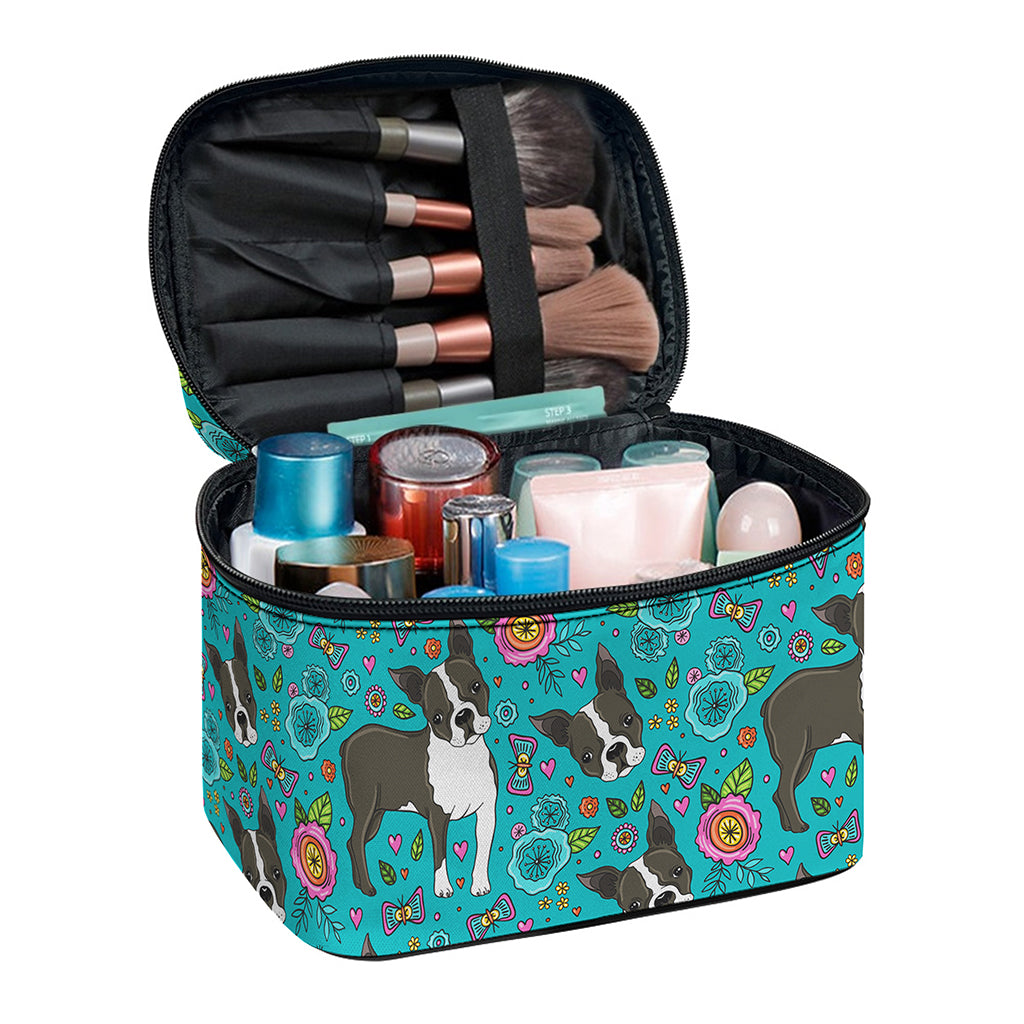 Cartoon Boston Terrier Flower Print Travel Makeup Bag