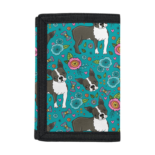 Cartoon Boston Terrier Flower Print Trifold Wallet