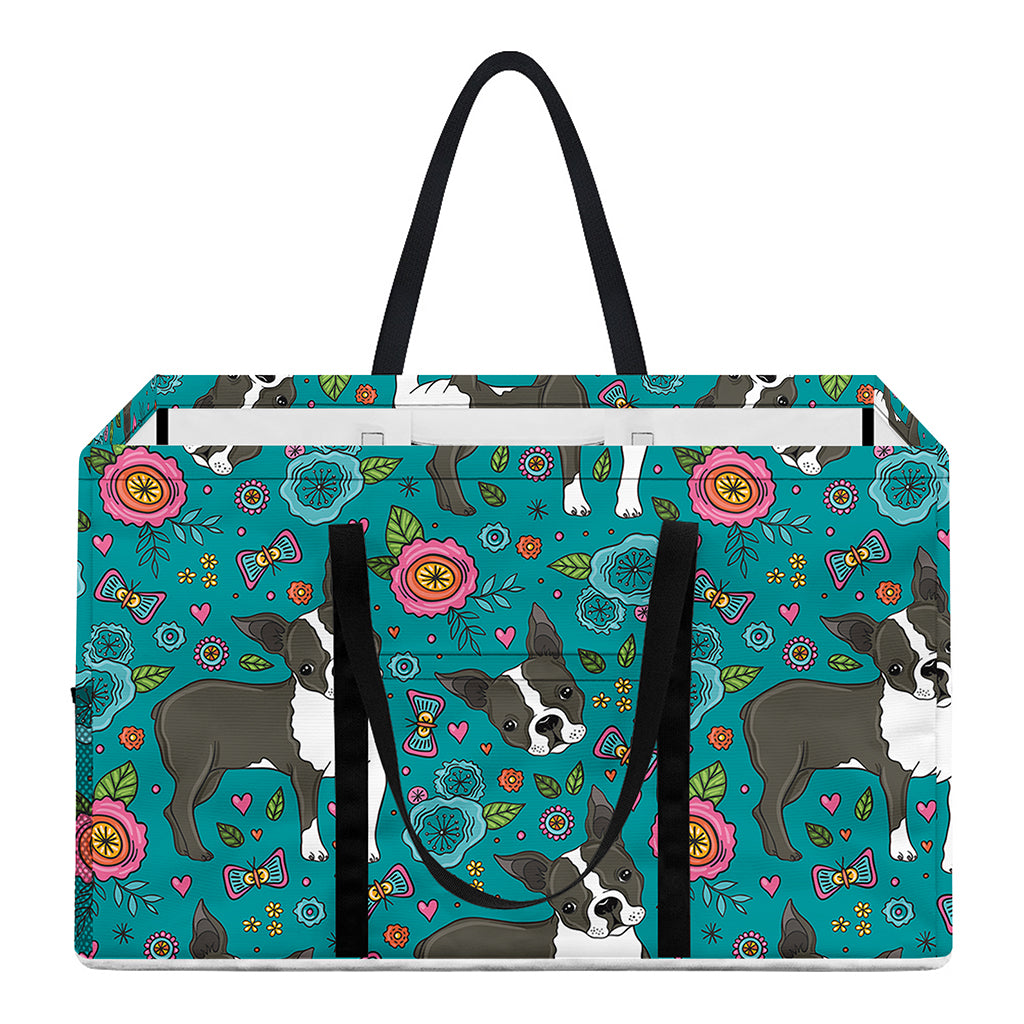 Cartoon Boston Terrier Flower Print Utility Tote Bag
