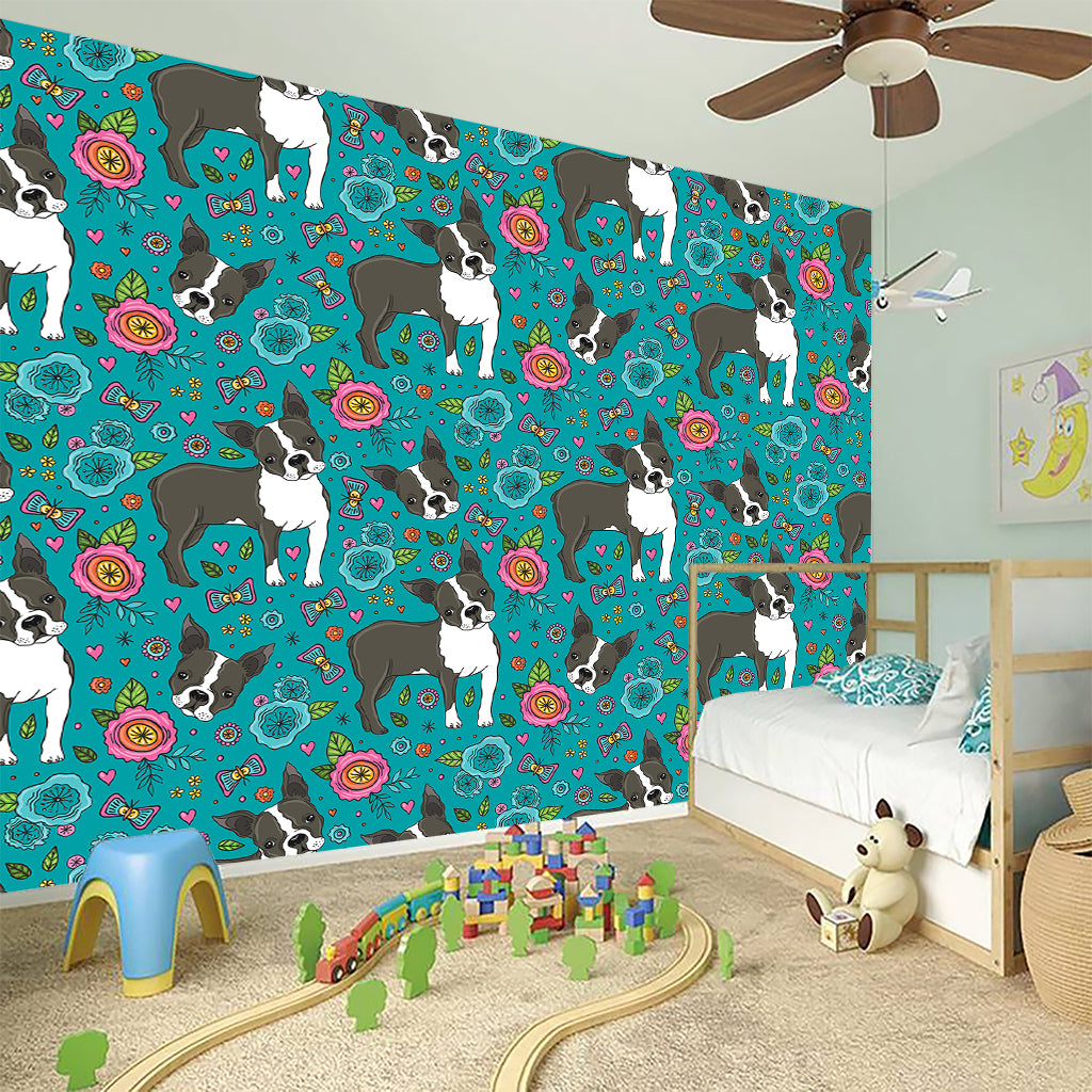 Cartoon Boston Terrier Flower Print Wall Sticker