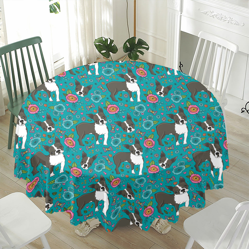 Cartoon Boston Terrier Flower Print Waterproof Round Tablecloth