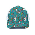 Cartoon Boston Terrier Flower Print White Mesh Trucker Hat