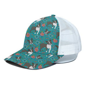 Cartoon Boston Terrier Flower Print White Mesh Trucker Cap