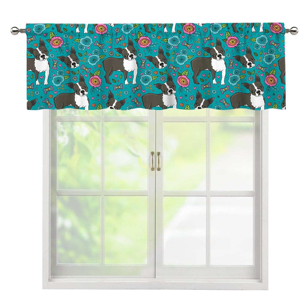 Cartoon Boston Terrier Flower Print Window Valance