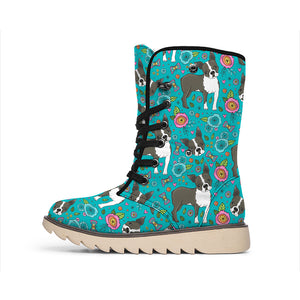 Cartoon Boston Terrier Flower Print Winter Boots