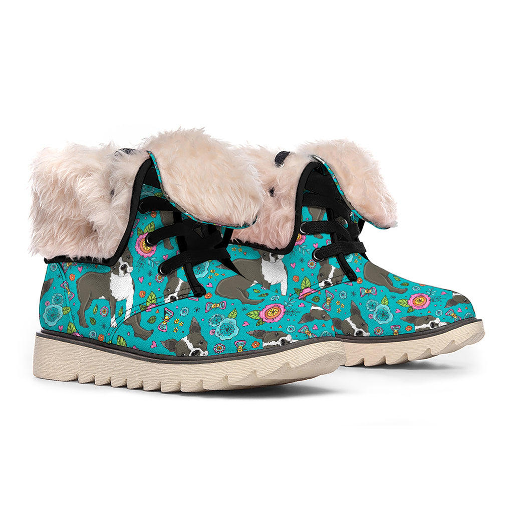 Cartoon Boston Terrier Flower Print Winter Boots