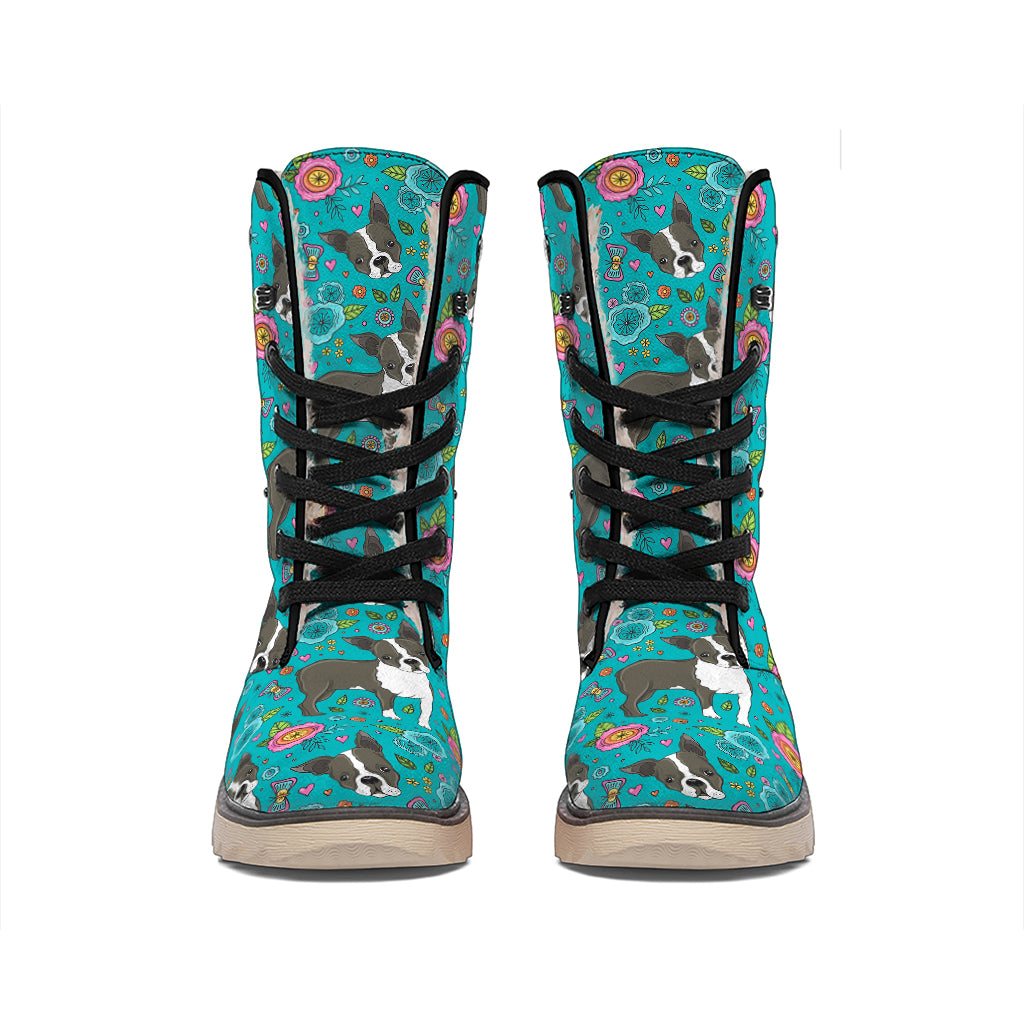 Cartoon Boston Terrier Flower Print Winter Boots