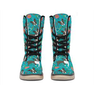 Cartoon Boston Terrier Flower Print Winter Boots