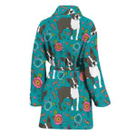 Cartoon Boston Terrier Flower Print Women's Bathrobe