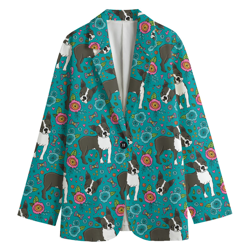 Cartoon Boston Terrier Flower Print Women's Blazer