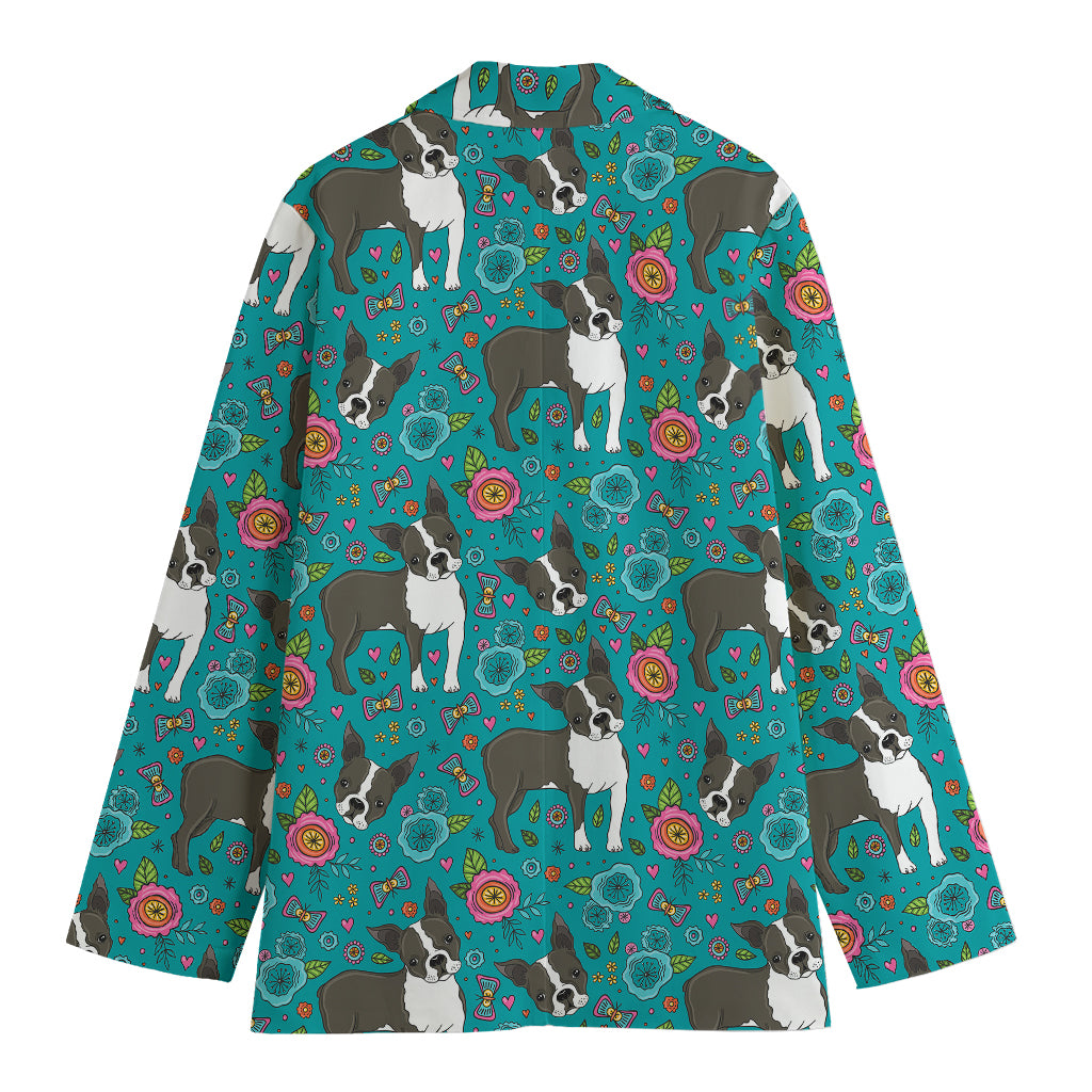 Cartoon Boston Terrier Flower Print Women's Blazer