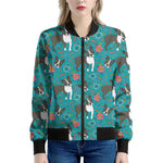 Cartoon Boston Terrier Flower Print Women's Bomber Jacket