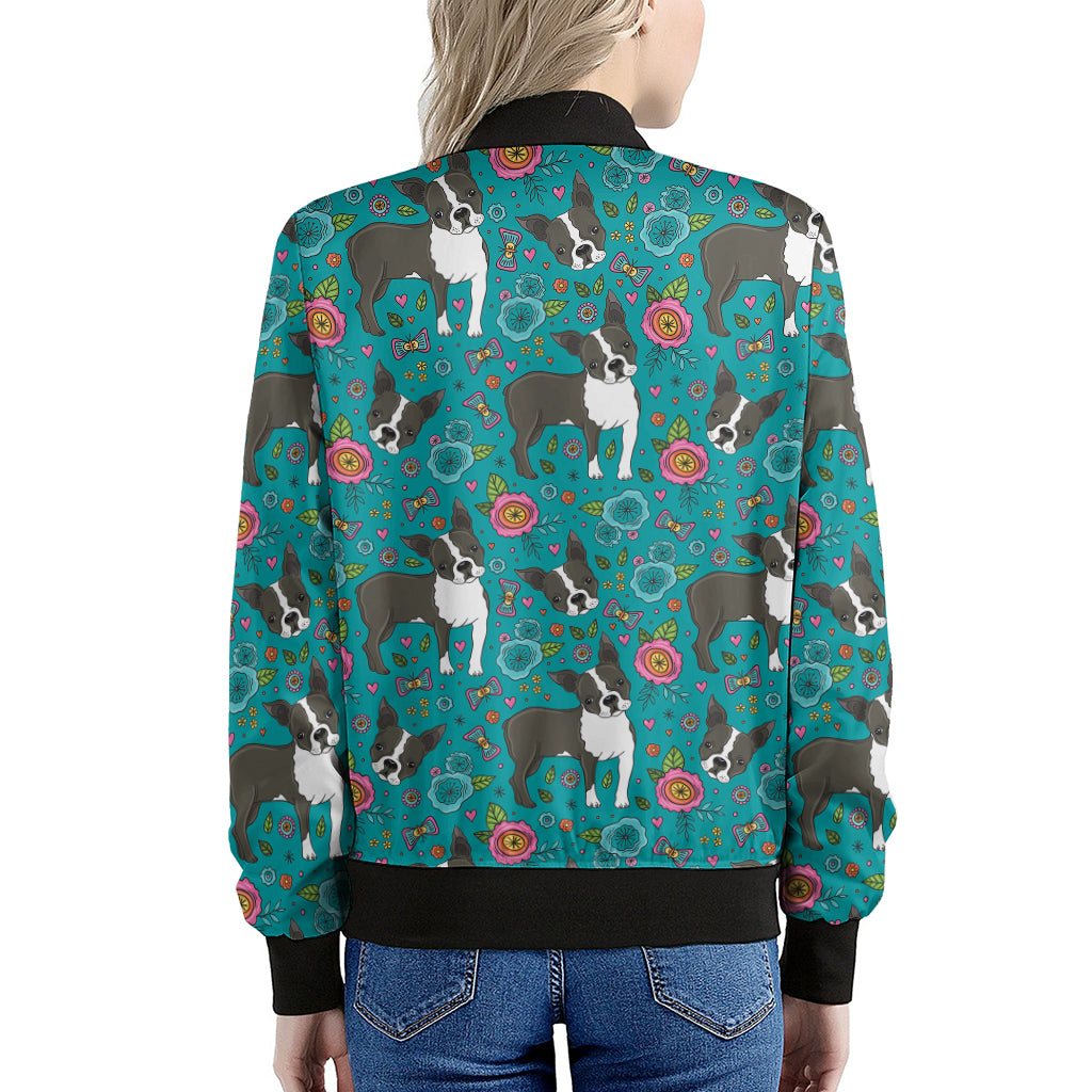 Cartoon Boston Terrier Flower Print Women's Bomber Jacket