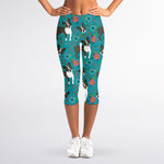 Cartoon Boston Terrier Flower Print Women's Capri Leggings
