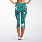 Cartoon Boston Terrier Flower Print Women's Capri Leggings