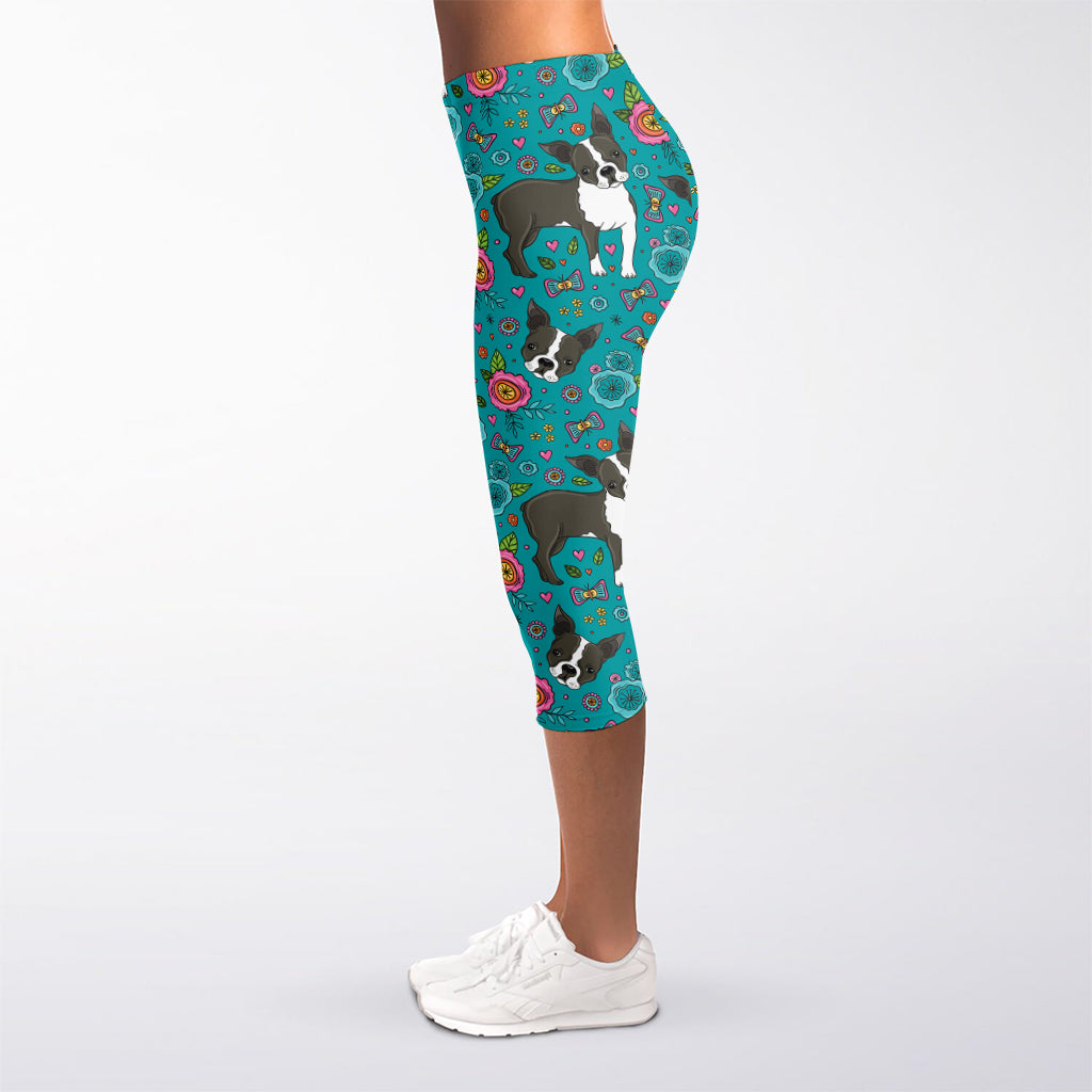 Cartoon Boston Terrier Flower Print Women's Capri Leggings