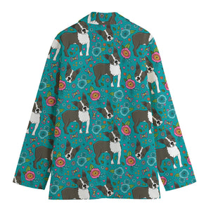 Cartoon Boston Terrier Flower Print Women's Cotton Blazer