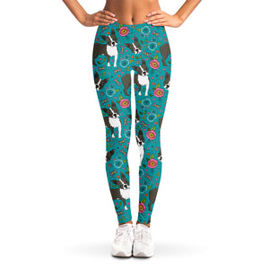 Cartoon Boston Terrier Flower Print Women's Leggings