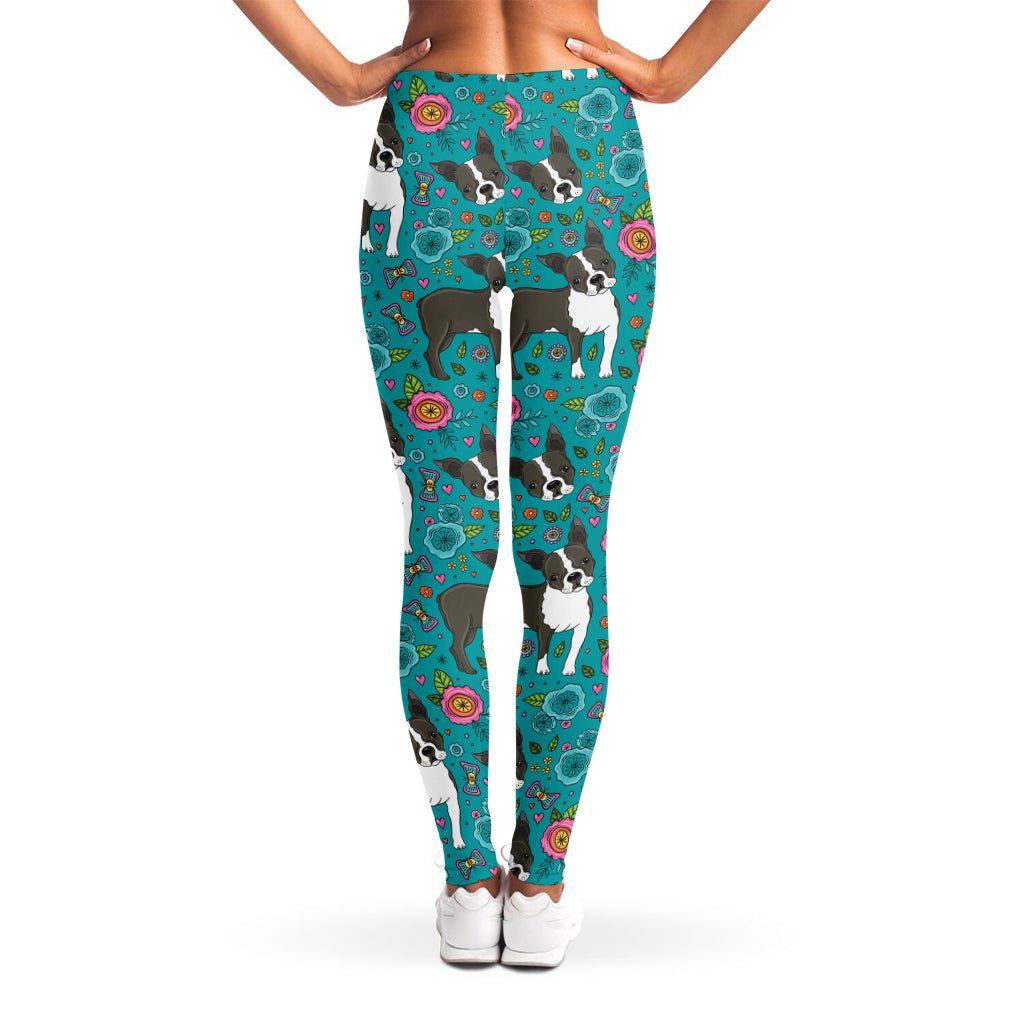 Cartoon Boston Terrier Flower Print Women's Leggings