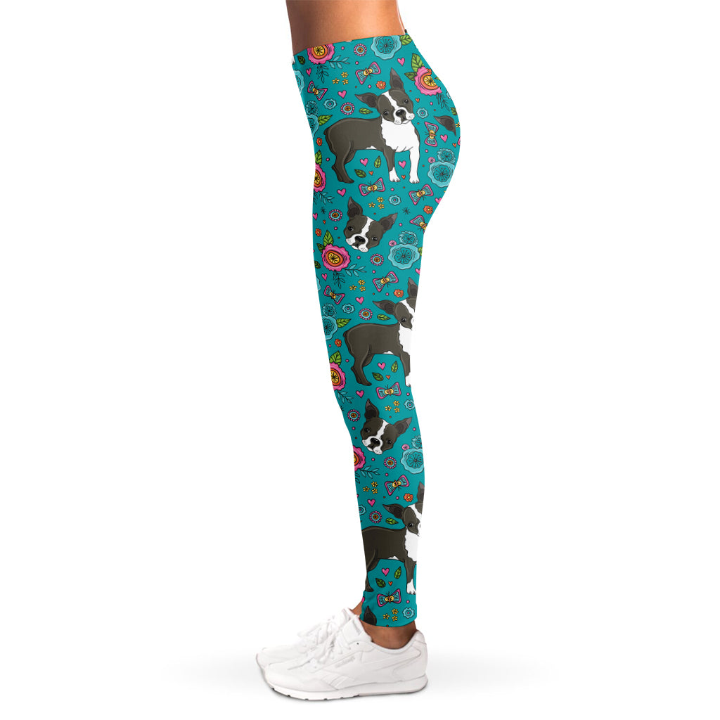 Cartoon Boston Terrier Flower Print Women's Leggings