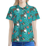 Cartoon Boston Terrier Flower Print Women's Polo Shirt