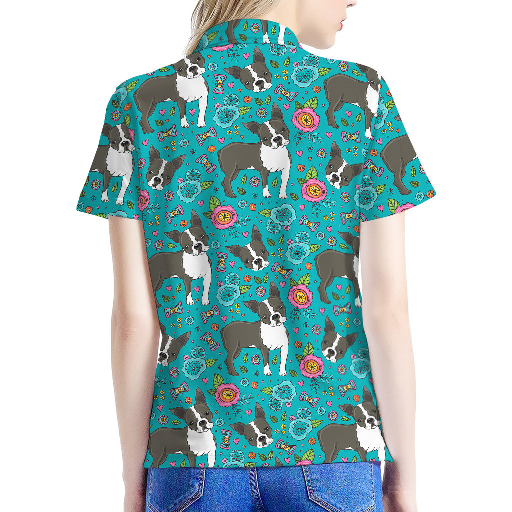 Cartoon Boston Terrier Flower Print Women's Polo Shirt