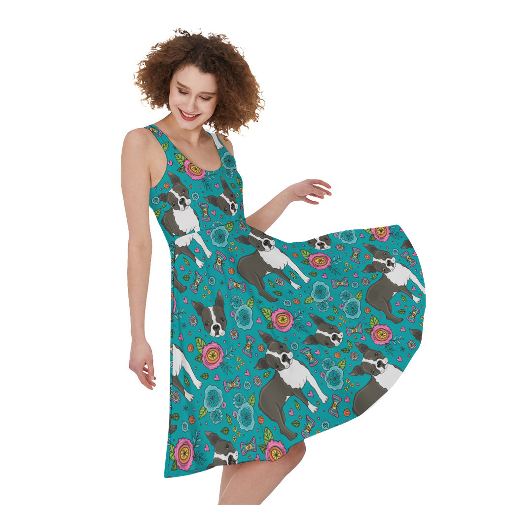 Cartoon Boston Terrier Flower Print Women's Sleeveless Dress