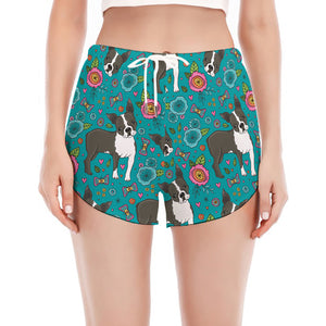 Cartoon Boston Terrier Flower Print Women's Split Running Shorts