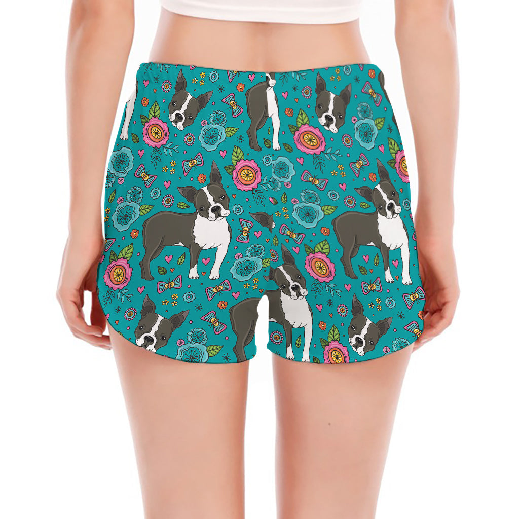 Cartoon Boston Terrier Flower Print Women's Split Running Shorts