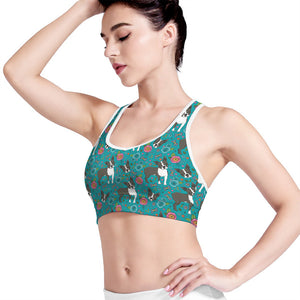 Cartoon Boston Terrier Flower Print Women's Sports Bra