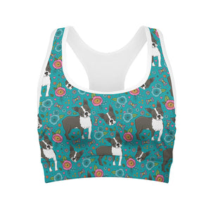 Cartoon Boston Terrier Flower Print Women's Sports Bra