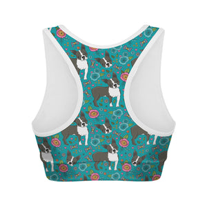 Cartoon Boston Terrier Flower Print Women's Sports Bra