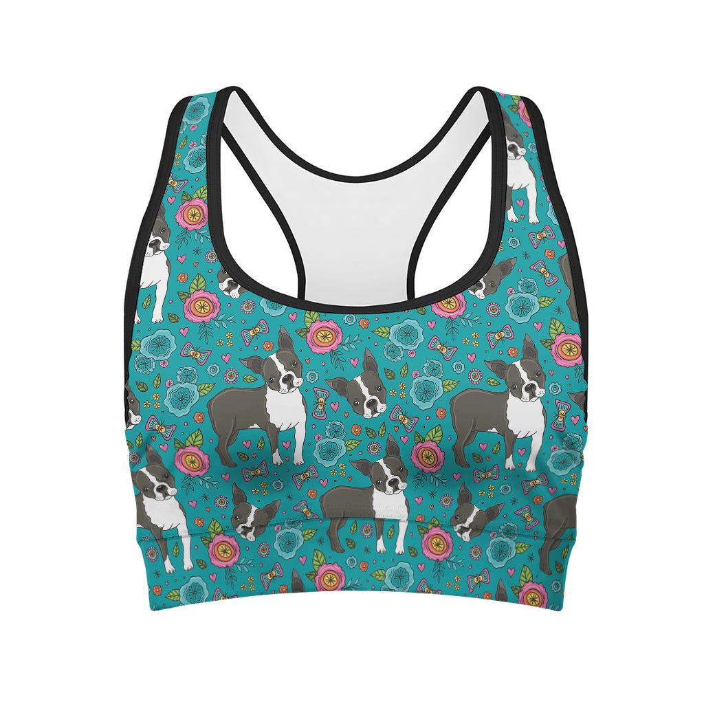 Cartoon Boston Terrier Flower Print Women's Sports Bra