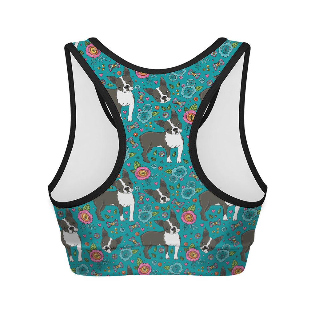 Cartoon Boston Terrier Flower Print Women's Sports Bra