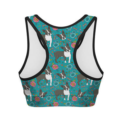 Cartoon Boston Terrier Flower Print Women's Sports Bra