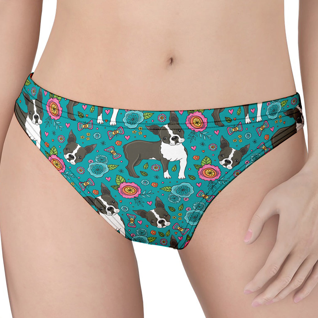 Cartoon Boston Terrier Flower Print Women's Thong