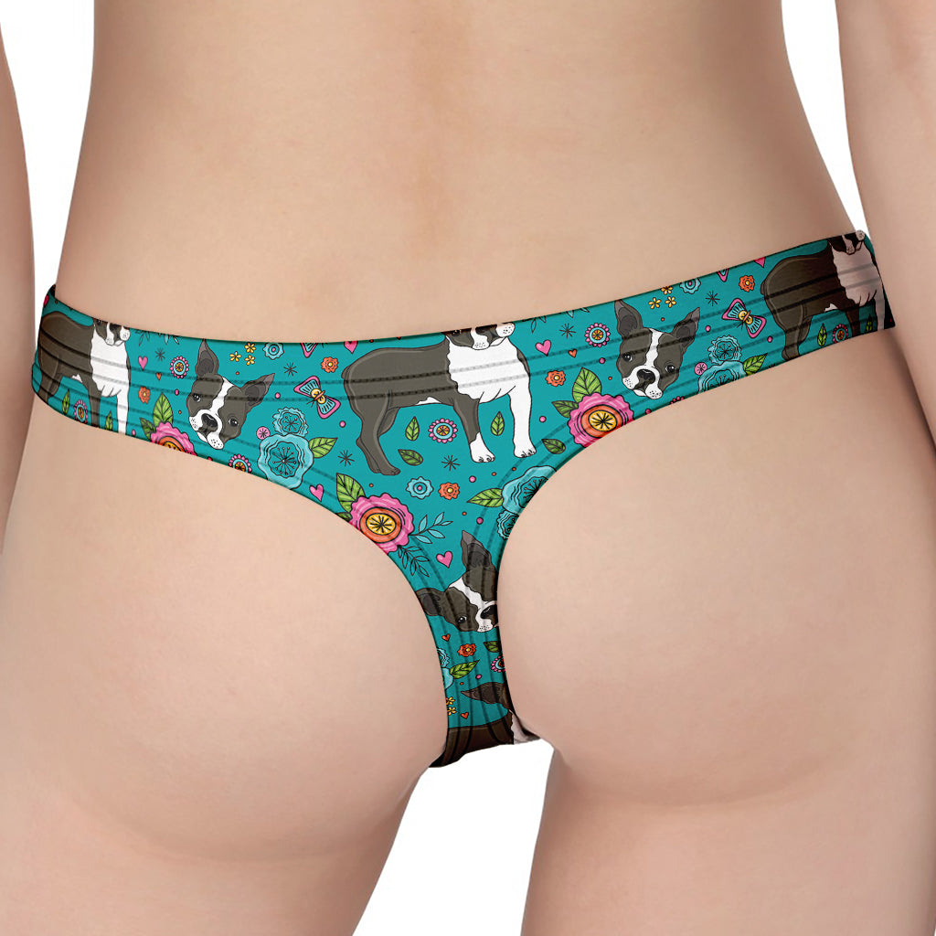 Cartoon Boston Terrier Flower Print Women's Thong