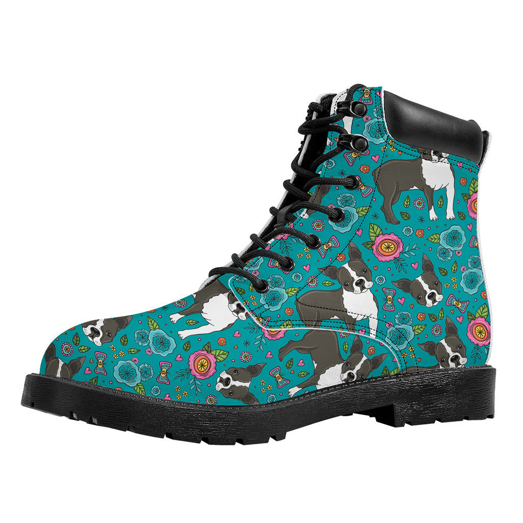 Cartoon Boston Terrier Flower Print Work Boots