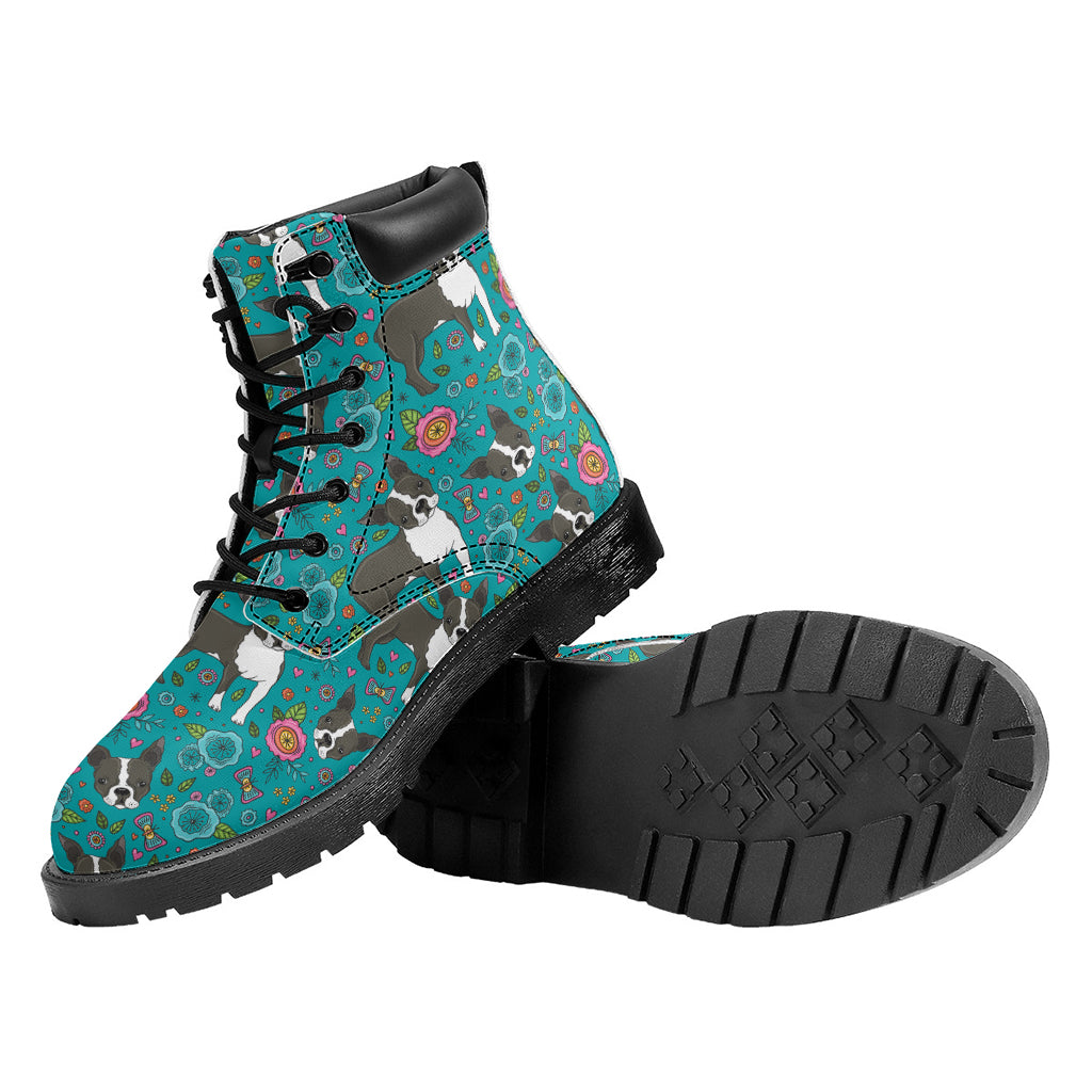 Cartoon Boston Terrier Flower Print Work Boots