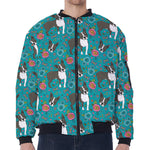 Cartoon Boston Terrier Flower Print Zip Sleeve Bomber Jacket