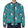 Cartoon Boston Terrier Flower Print Zip Sleeve Bomber Jacket