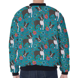 Cartoon Boston Terrier Flower Print Zip Sleeve Bomber Jacket